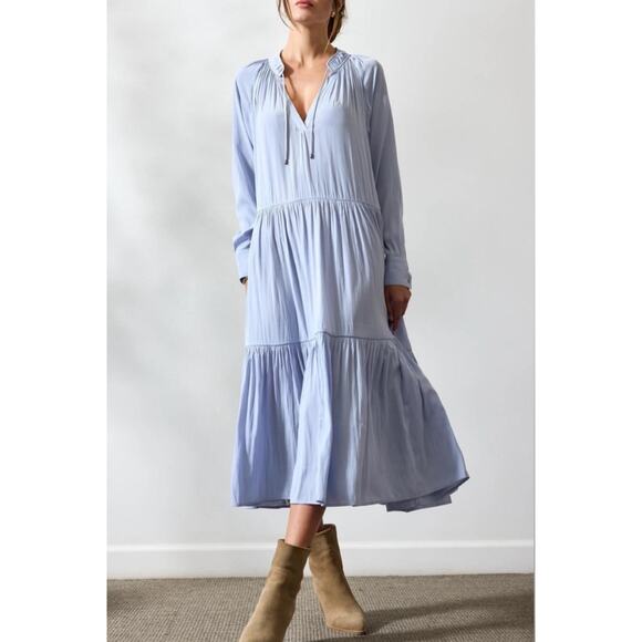 Brochu Walker NWT Alana Midi Long Sleeve Satin Zen Blue Tiered Dress, Size Small - Picture 1 of 15